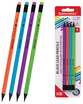 Набор карандашей чернографитных BRAUBERG "ULTRA COLOR" 4 шт., HB, с ластиком, пластиковые, 181709