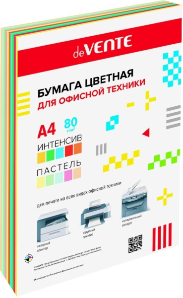 Бумага цветная для офисной техники 'deVENTE' , А4 , 50 листов , 10  цветов, 2072257