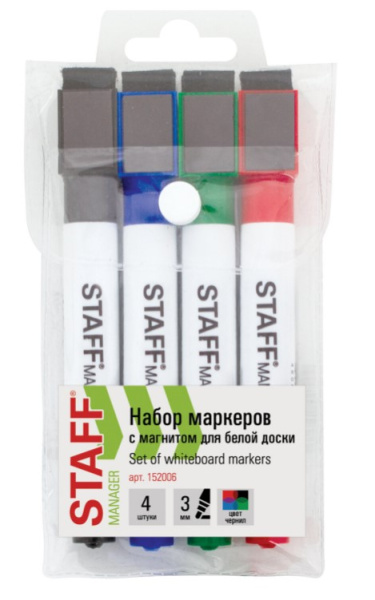 Набор маркеров с магнитом для белой доски, STAFF, 3 мм, (4 шт;уп), 152006