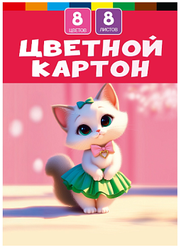 Картон цветной А4 МИЛАЯ КОШКА, 8л.,8 цв., КБС, односторонний, 185*274, 08-1483